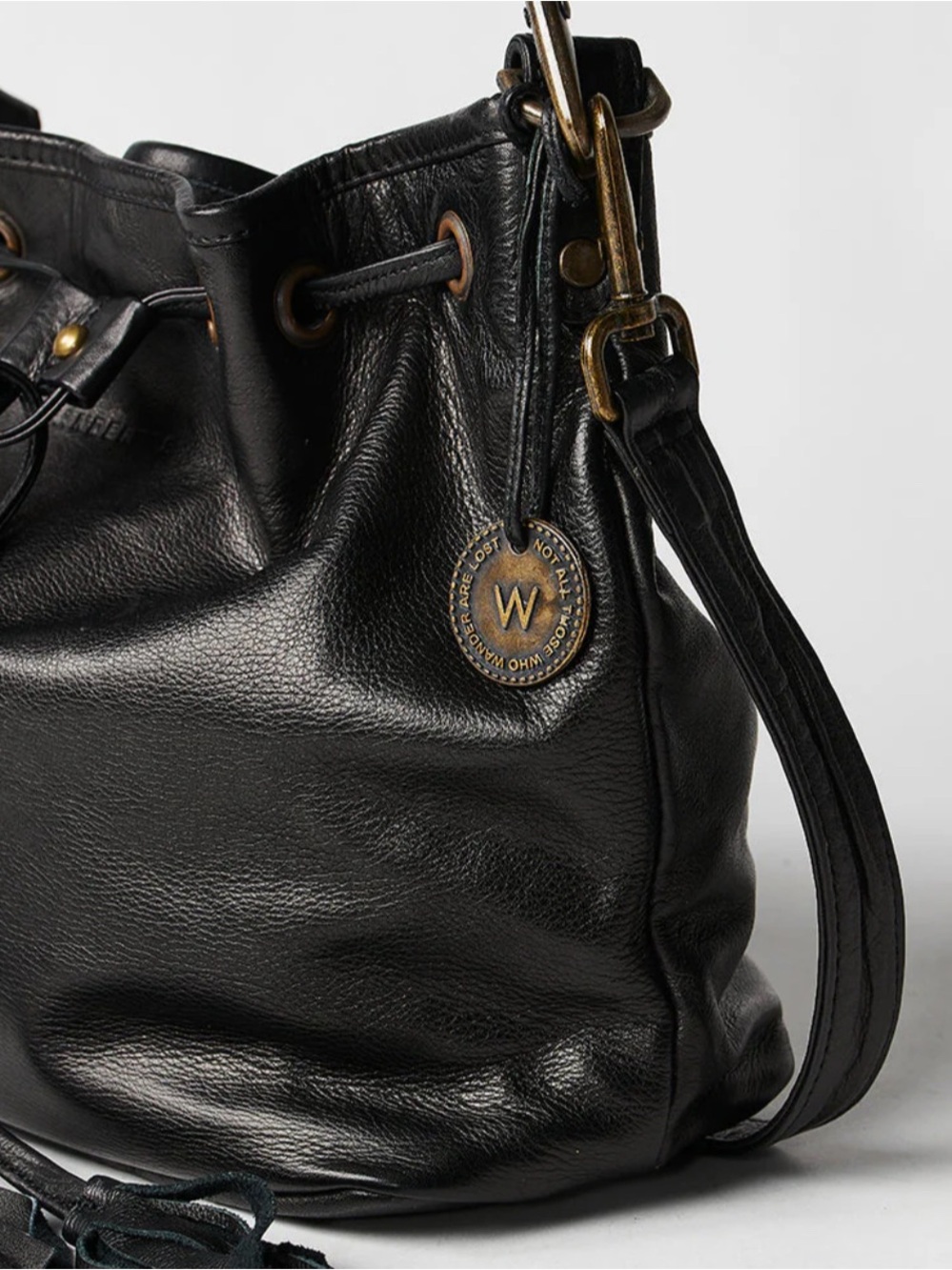 Black Leather Drawstring Shoulder Bag - Picture 3 of 9